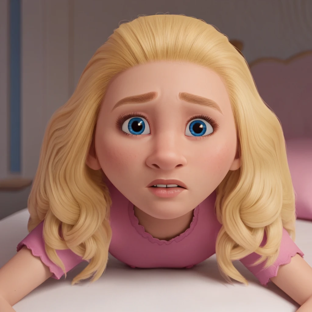 score_9_up, BREAK, 1girl, solo, JAYDAWENGER, long hair, blonde hair, blue eyes, pink shirt, portrait, indoors, depth of field, looking at viewer, legs open, on bed