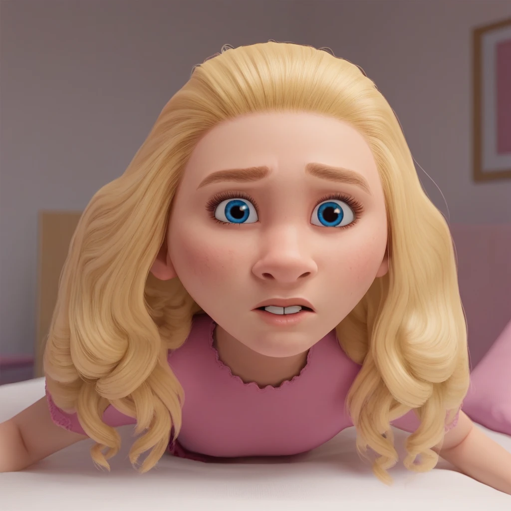score_9_up, BREAK,  1girl, solo, JAYDAWENGER, long hair, blonde hair, blue eyes, pink shirt, portrait, indoors, depth of field, looking at viewer,  legs open, on bed