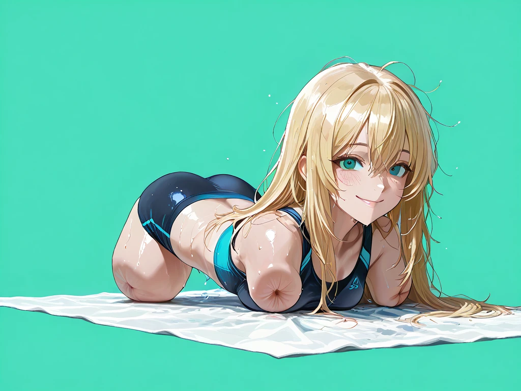 Browsing Caution,Only one person,(Petite),((One cute boy)),(((Penis in the crotch))),Back view,Turn your butt,Blonde woman with low pigtails,lips,Sweat,White Breath,Swimwear,The gaze of the viewer,A begging expression,Lying down