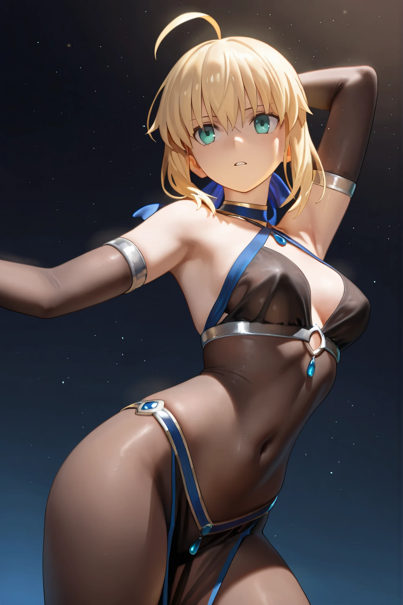 NSFW (Highest quality:1.5, High resolution, 超High resolution, 4K, Detailed lighting, Shaders)(Beautiful details:1.6)(Artoria Pendragon), alone (Swimsuit)++ short hair,ponytail Parody, Blue choker, Beautiful Abs Beautiful arm muscles ((Are standing)) Realistic swimming pool Angle from below Cool look Beautiful ass