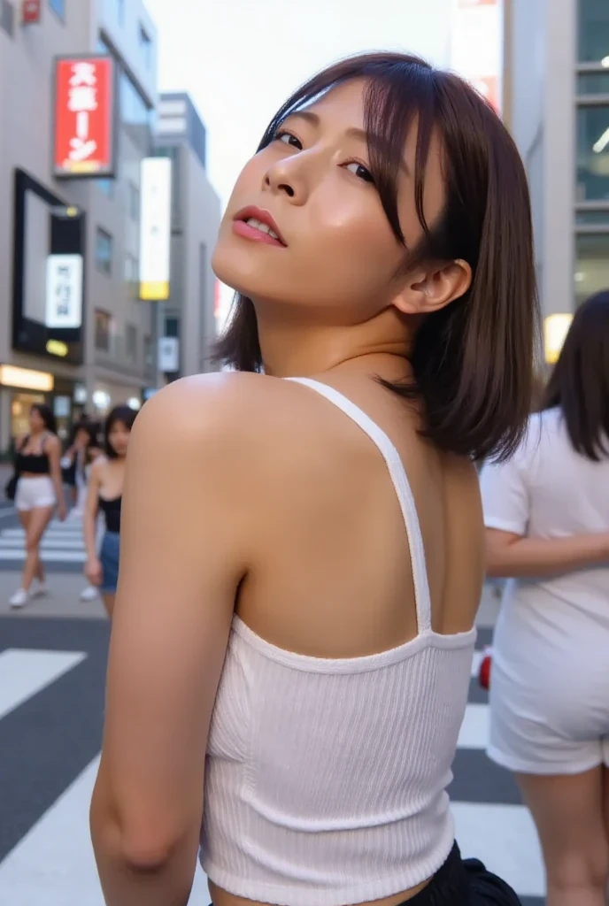 1girl, big breasted,smile, spread legs,bangs, nude, pov, arms behind head, arms up, pussy, spread legs, standing, black eyes, masterpiece, best quality, ultra quality, high quality, realistic, photo realistic, RAW photo, hyper detailed, intricate detailed, storefront, night, road, building, sign, outdoors, city, lamppost, street,