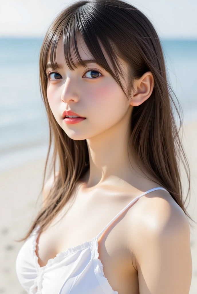 Masterpiece, Top quality, realistic, anatomically correct human body structure, very detailed, very delicate and beautiful, RAW photography, beach, professional lighting, luminescence, depth of field, single focal, full body, Skinny Japanese lady, 40 years old, brown hair, small head, beautiful eyes, real face, realistic skin, detailed eyes, (fashionable hairstyle: 1.3), sexy pose, absurderes, Incredibly Ridiculous res, Extremely fine, casual wears