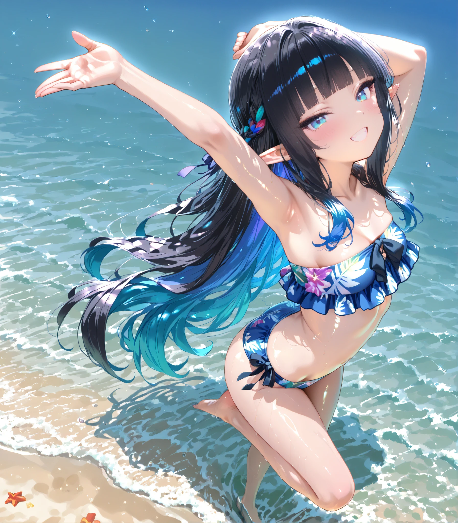 Swimsuit, Lolita style swimsuit, exquisite hair accessories, holding a swimming ring in his hand, jumping into the water, splashing, happy