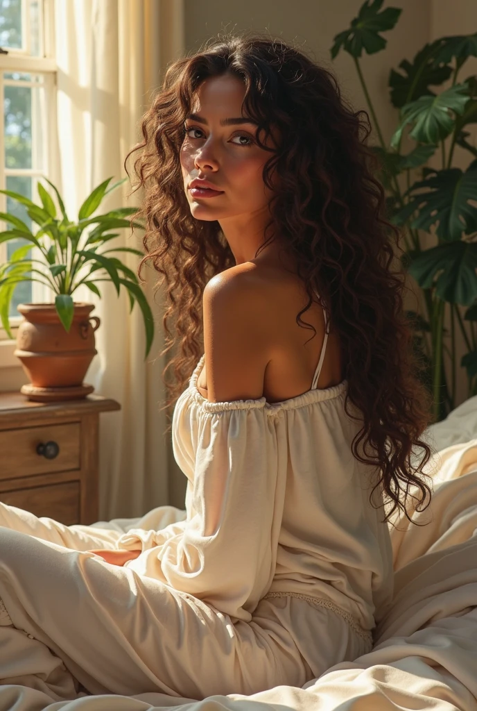 (photorealism:1.2), beautiful woman, sitting on bed, wearing loose off-shoulder top, pajama pants, long curly hair, indoors, soft lighting, plants in background, window with sunlight, cozy room, relaxed pose, realistic, intricate details, warm colors, by Greg Rutkowski, by Alphonse Mucha