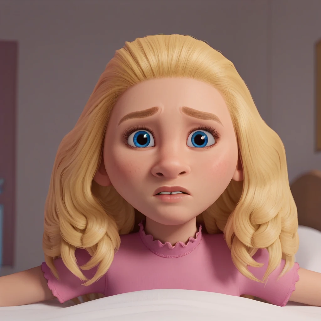 score_9_up, BREAK, 1girl, solo, JAYDAWENGER, long hair, blonde hair, blue eyes, pink shirt, portrait, indoors, depth of field, looking at viewer, split, on bed