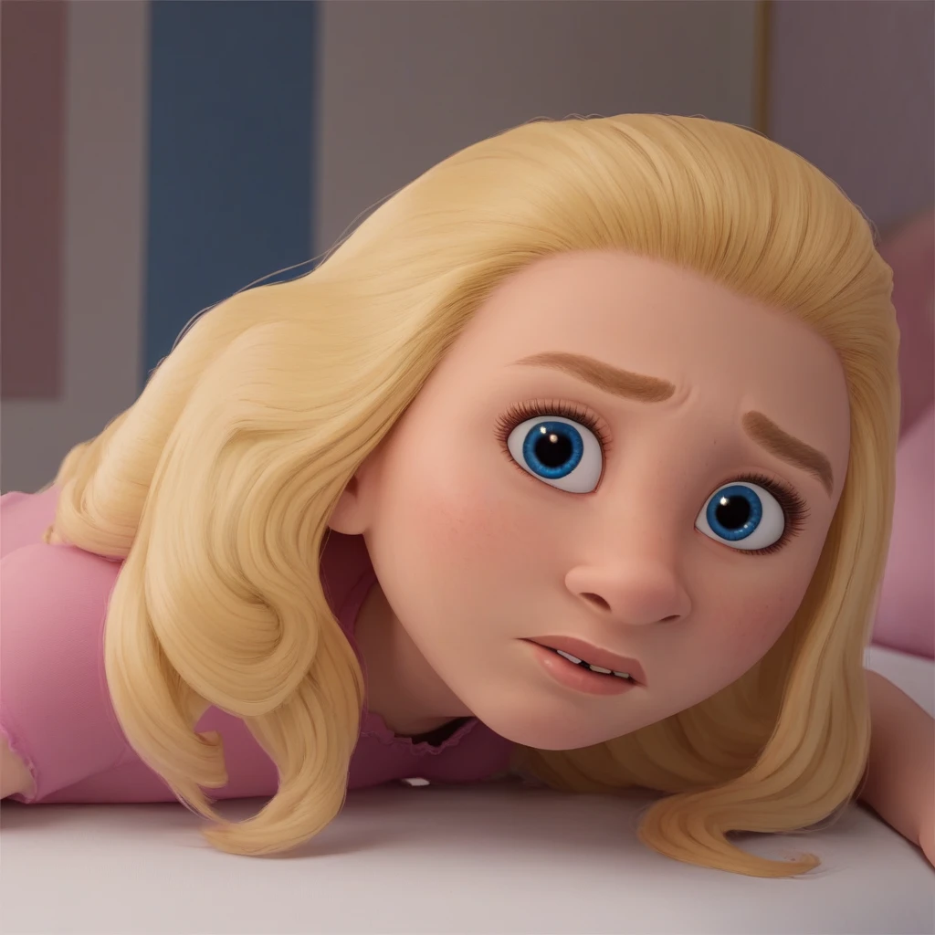 score_9_up, BREAK, 1girl, solo, JAYDAWENGER, long hair, blonde hair, blue eyes, pink shirt, portrait, indoors, depth of field, looking at viewer, split, on bed