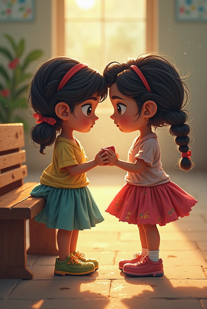 Cartoon style of 3d 7years lod girls Illustrate Laila and CA having a conversation. Laila is kneeling down, looking at CA with curiosity, while CA, with a playful and confident expression, seems to be explaining something. The garden setting remains warm and inviting.