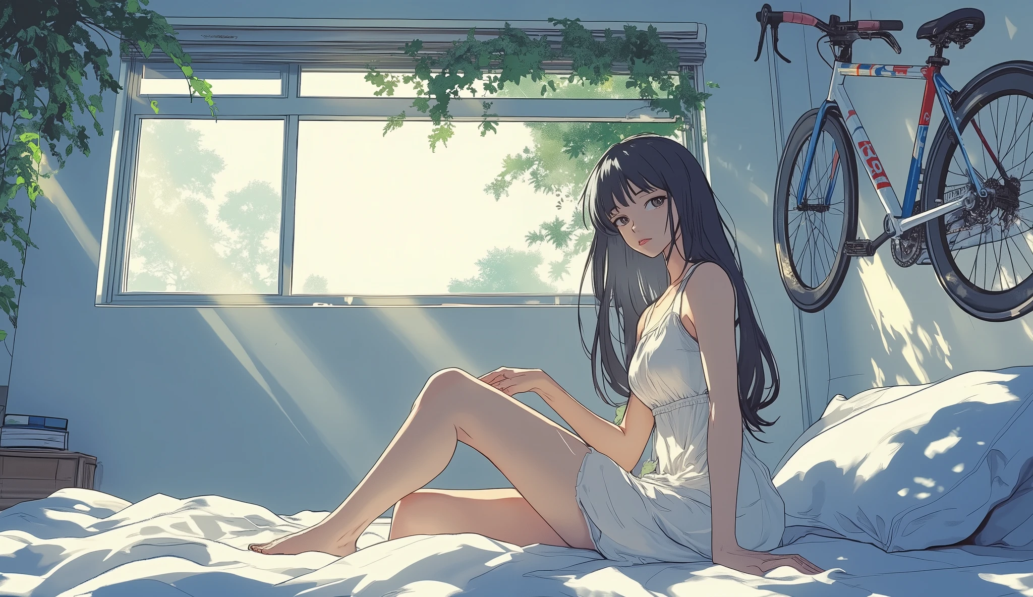 masterpiece, high quality, 4k, best quality, dynamic lighting, first-person view, Anime style scene from a first-person perspective. A tall young woman with dark long hair, wearing a thin white nightgown, sits beside the viewer on a bed. Morning sunlight shines through a horizontal window behind her, creating visible light rays like beams filtered through tree leaves. A bicycle with a red, blue, and white frame (like the Cinelli design) hangs on the wall. The room is calm, minimal, slightly unfamiliar. Vivid colors, clear bold outlines, soft shadows. Inspired by Makoto Shinkai’s style