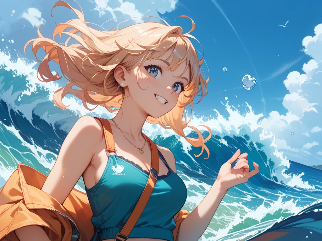 {worst quality, low quality}, anime style, super fine illustration, highly detailed, dynamic angle, beautiful detailed, 8k, On a summer day, at the sea, a woman is driving a personal water craft at high speed. Due to the speed, both the personal water craft and the woman are blurred, BREAK and water splashes dynamically. She has a very joyful expression, (perfect hand:1.2), from below, low angle shot, masterpiece,
