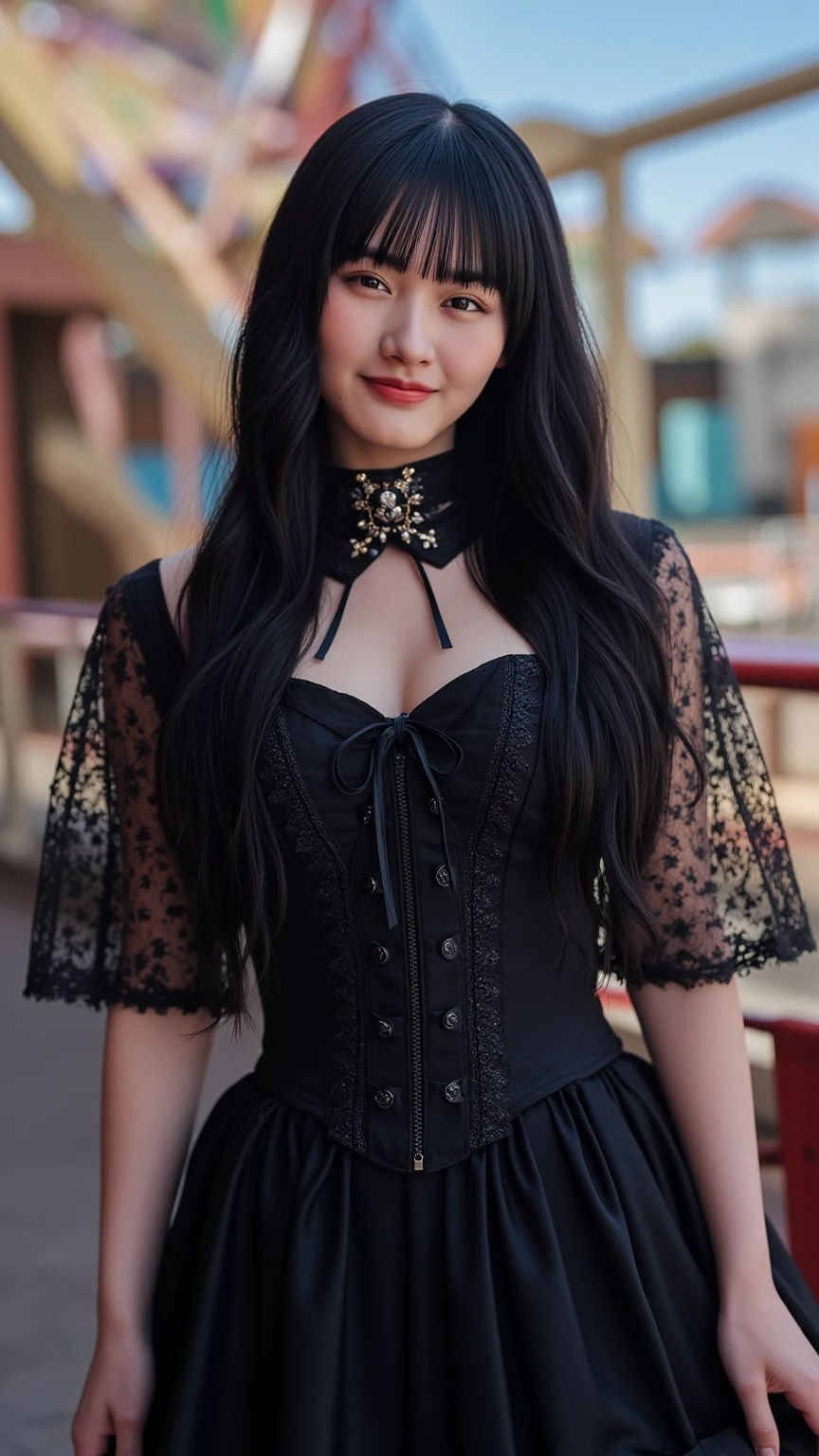 Eine geschmeidige, beautiful gothic woman with long black hair (Pony-Haarschnitt), Messingaugen, Sweet smile, wears a dark red elegant dress, leerer, candlelit medieval street background