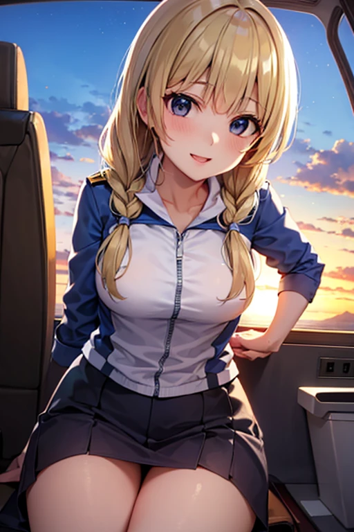 最high quality、best image quality、masterpiece、teenage girl((18-year-old、 By becoming、vest bust、medium bust,wide open breast tea、black eye, blonde hair、Habitual hair、long hair、thin,highest valley、blue shorts、Black Short Sleeve Jacket、sit on a chair、white shirt,chest、Eyeshadow Makeup、sleep、wrap a blanket)),high quality、beautiful art、background(On the plane、first class、red wine))、depth((window、night sky))debris flies、書かれた境界のdepth、movie、visual art、perfect art、8K,genuine