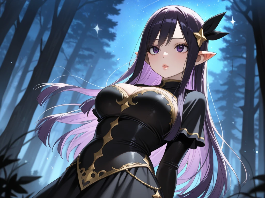 Cute mysterious Girl, Long lush Dark Hair, Beautiful Green Eyes, Natural Cat-like Ears, big chest, worn attire, cautious expression, dark forest background, dark mysterious clothing, Night time, gold accents,