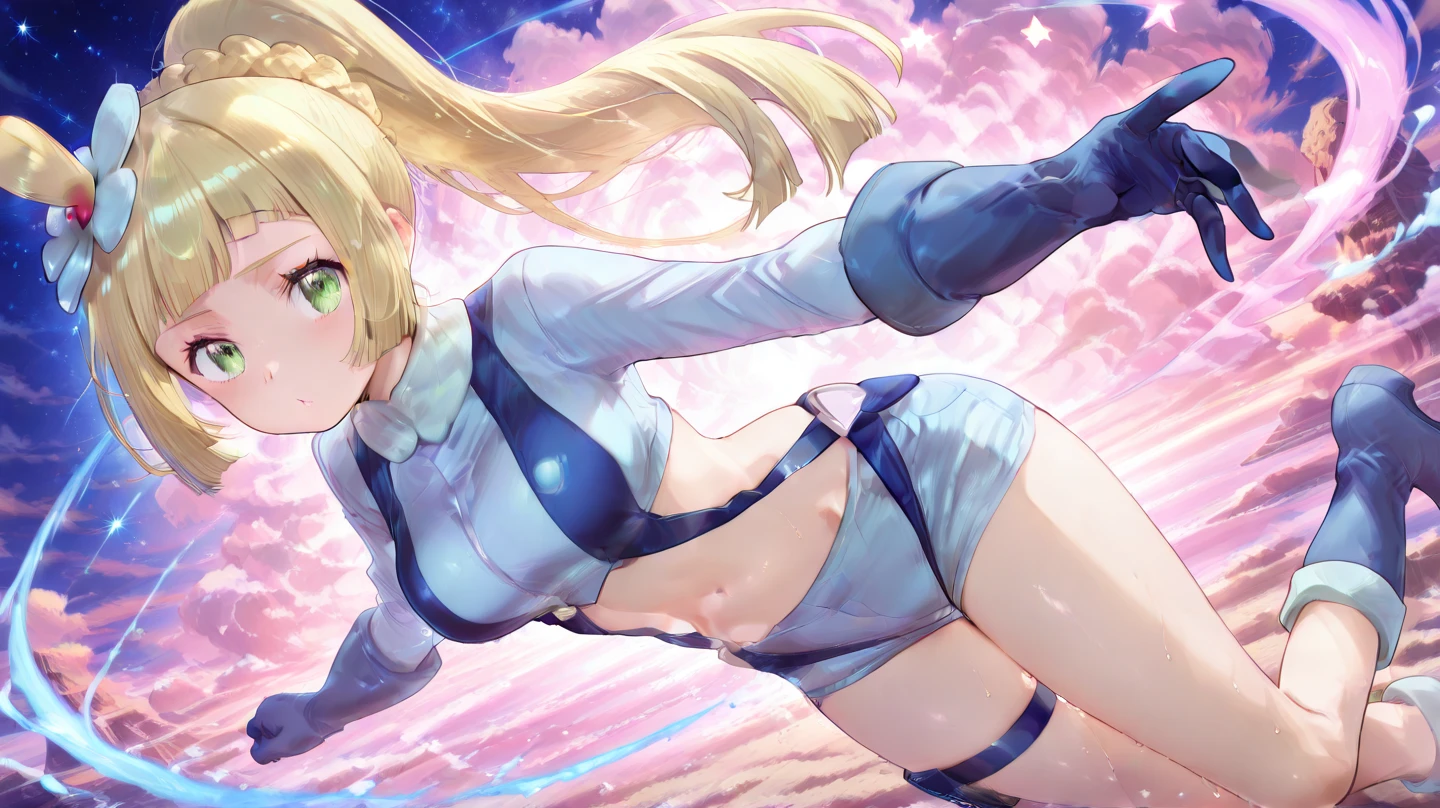 masterpiece, best quality, highres, 1girl, solo, superhero, leotard, bare legs, boots, matching boots, aura, blue aura, sleeveless, gloves, bracelets, matching gloves, looking at viewer, light particles, city backdrop, perfect hands, perfect eyes, powering up, perfect leotard, perfect legs, perfect arms, perfect fingers, blue and white leotard, blonde hair,
