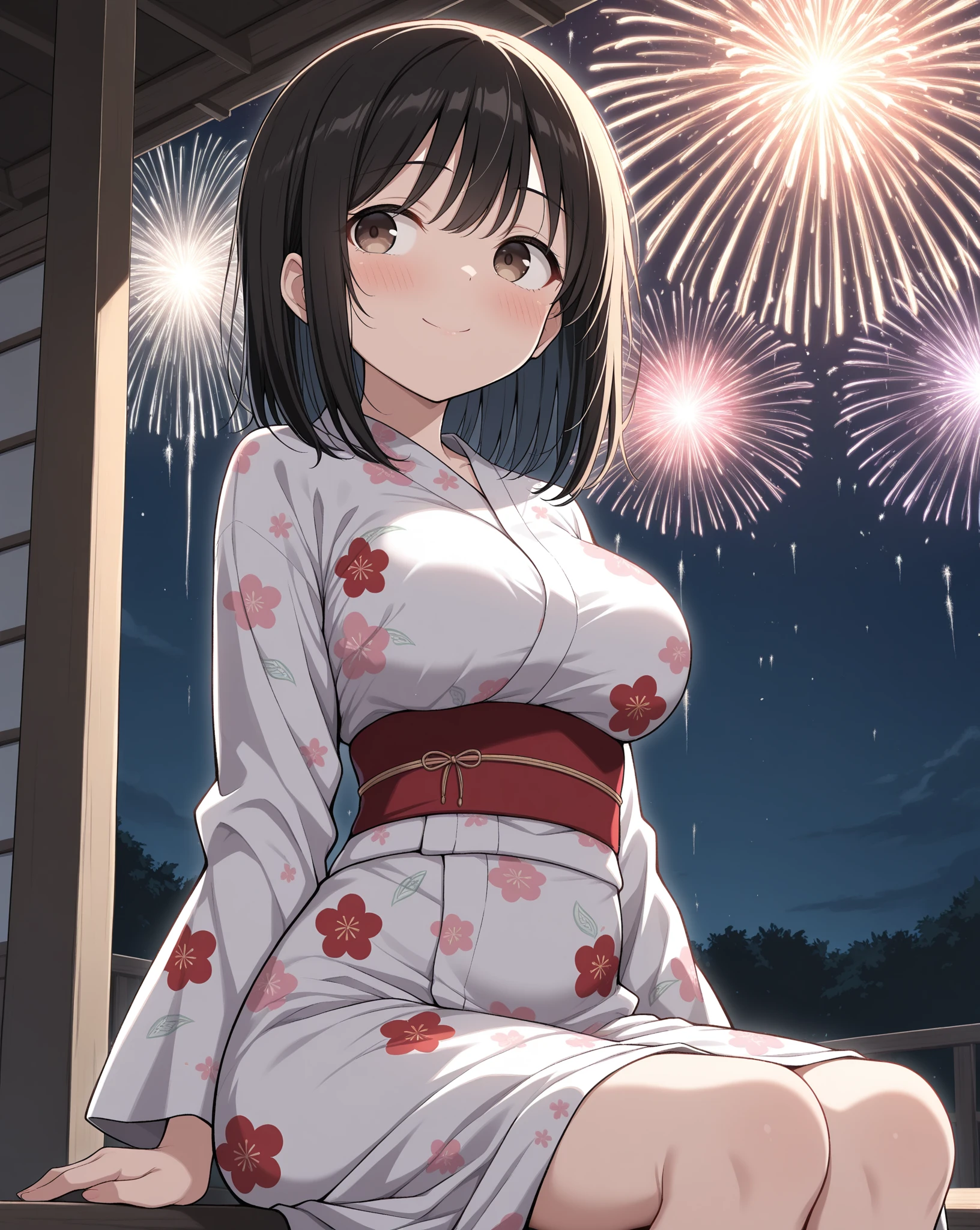 masterpiece, best quality, Summer Kimono,Tanned skin, Flowering, firework, firefly,reed bush, Smile, Dance, Night Sky, from above,Black hair,