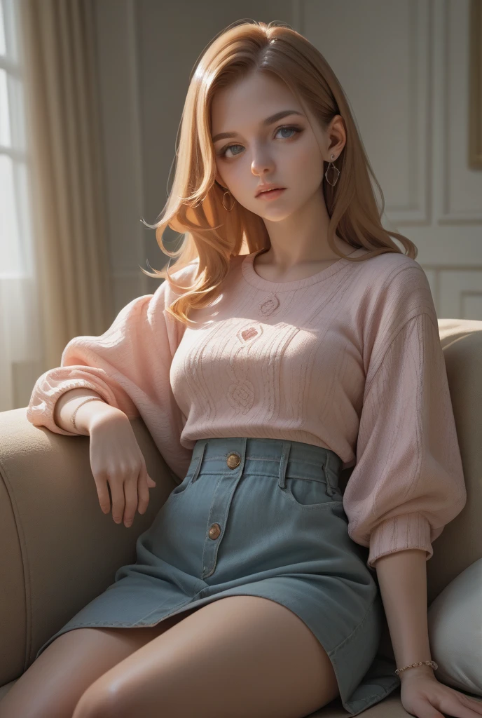 A cute white girl、、Big eyes、small breasts, Blonde、smile、Full body、Bedroom、perfect lighting、background blur、High resolution、High resolution、High color rendering、High resolution、Super realistic、realistic、cute, cute, cute, preppy outfit,