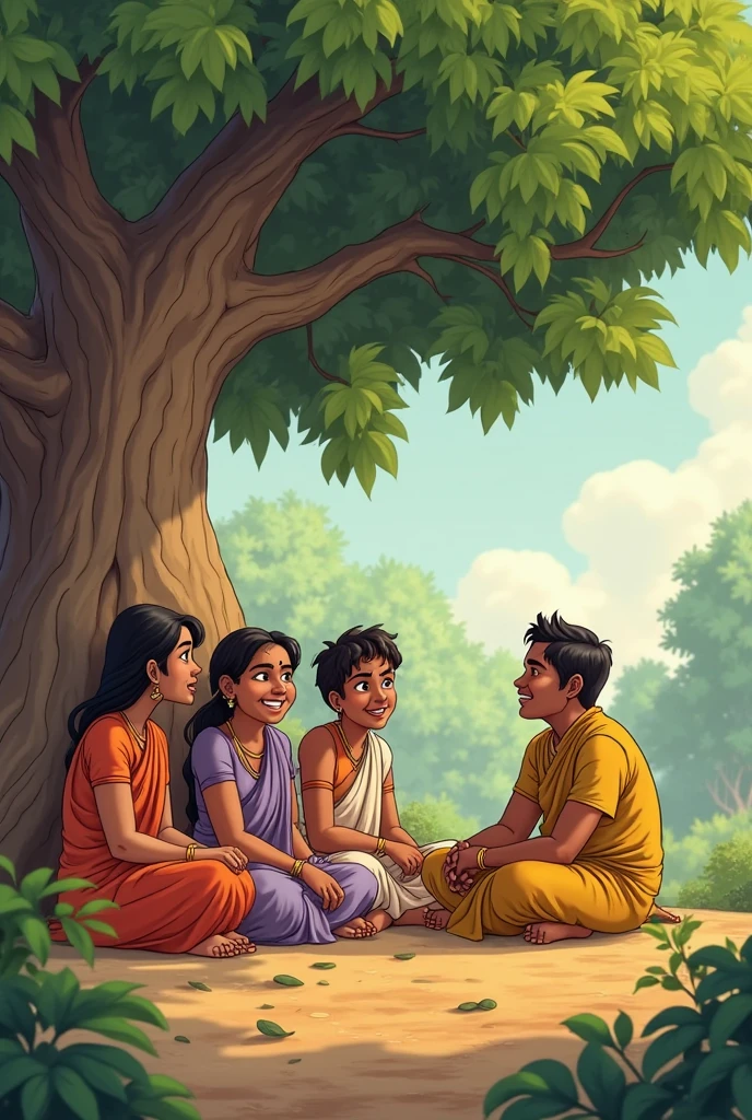 3. Scene of Banabas: Description: Pandu is sitting in front of a hut with his wife Kunti and Madri and their five children - Judhisthira, Bhima, Arjun, Nakul, Sahadev. A scene of a quiet and simple life in this film is revealed. The impression of satisfaction in the face of Pandu and his wives, and the children are in the game. Dense green forests are seen in the background, and the hut is made of wood, on which the leaf canopy is given. Ai image Indian