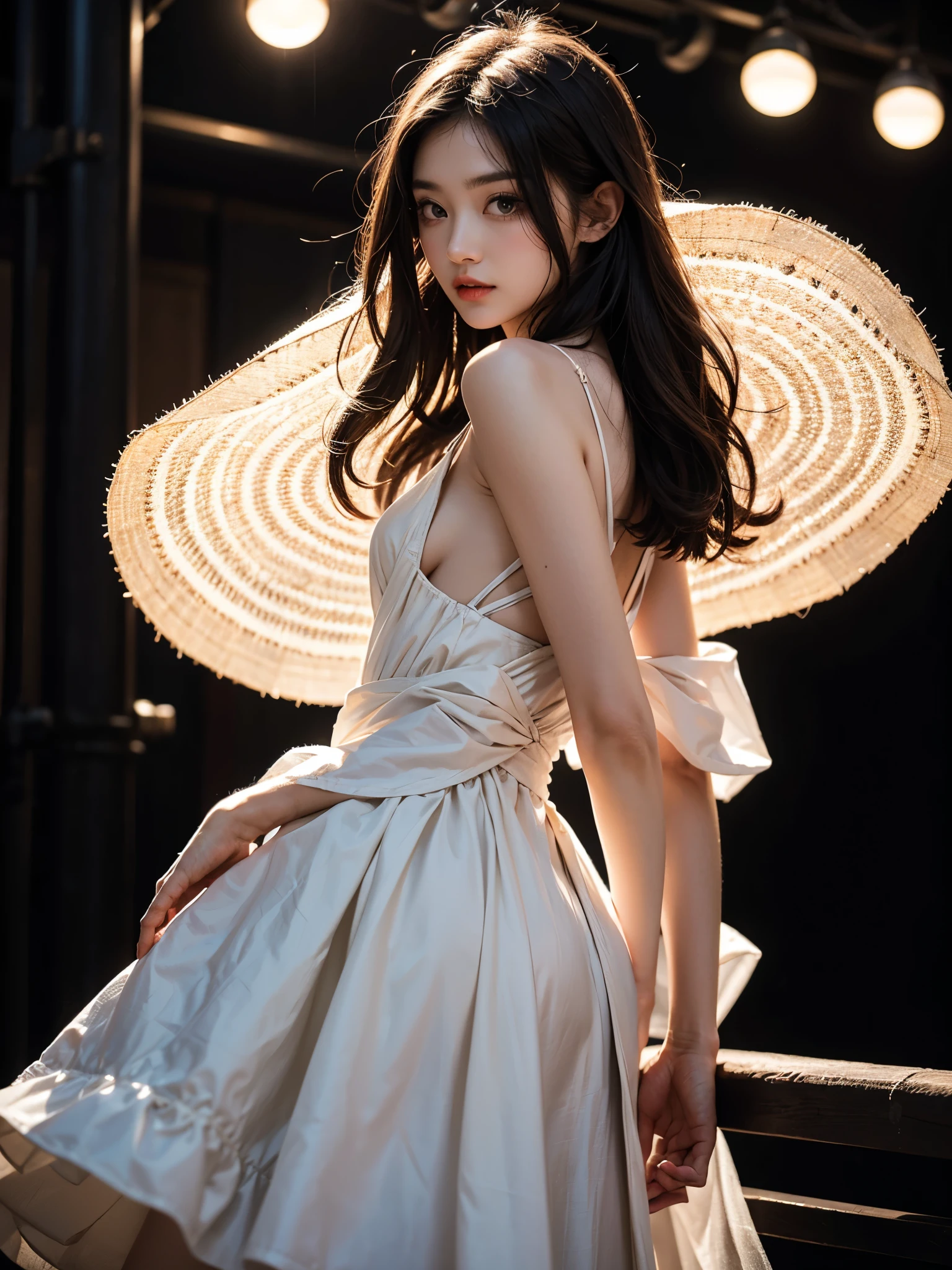 cyb dress, chinese clothes, ((cowboy shot)), ((Bare shoulder)), ((Short hemlines, sexy long legs)), realistic detailed photo of a giant breasted girl with exposed shoulders, detailed fingers, high quality skin, red eyes, alone in a winter scene with clouds, wind, and flowing hair, (best quality,4k,8k,highres,masterpiece:1.2),ultra-detailed,(realistic,photorealistic,photo-realistic:1.37),studio lighting,vivid colors
