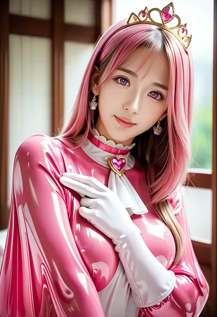 Highest quality,masterpiece,Ultra-high resolution, Very detailed, 8K,a 15 years old beautiful Japanese woman:1.5, ((Crucifixion)), Small face,((クロスにCrucifixionにされた女性:1.5, Breast Augmentation Surgery)), (Detailed pink magical girl heroine slime-like outfit:1.5), Very pleasant look:1.8