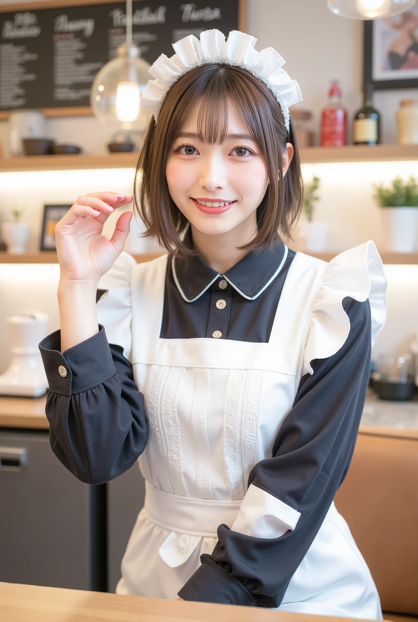 I'm bowing lightly to thank you、(Highest Quality、table top、8k、best image quality、超A high resolution:1.5, (photorealistic:1.4),masterpiece:1.2,(top-quality:1.4)、Raw photo)、Woman working at a cafe、maid clothes、maid clothesを着たcafe clerk、(highlight your body line:1.1)、Portrait of a beautiful classy woman、the most elegant and cozy cafe、The most natural cafe, Perfectly organized、Most Ambient Warm Lighting、stylish and elegant cafe、 Strongly blurred background 、 look at me and laugh、super high resolution perfect and beautiful teeth、Ultra HD beautiful face、ultra HD hair、Ultra HD The Shining Eyes、The Shining, Super High Quality Beautiful Skin 、one beautiful girl with super high quality glossy lips、Japanese idols、30 years old、are beautiful in every detail and have an eye for detail、detailed face、beautiful skin、slender、surimi waist、thin legs、glamorous hairstyles:1.3、cafe clerk 、smile:1.2、、1a japanese girl、Cute、 (RAW Photo:1.2), (photorealistic:1.4), beautiful detailed girl surrounded by thugs, Very Well Detailed Eyes and Faces、hair that extends to the shoulders、Shortcut Hair、dynamic、Clerk working at a maid cafe,brown hair