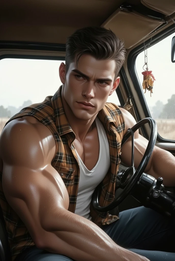 full body, 20 years old man, shirtless, barefoot, wearing jeans, wearing a toe ring beautifull, gorgeous, perfect realistic detailed muscles, muscled legs, adorable face, taller, masculine gaze, confident look, soft perfect white skin, barefoot, blue eyes, perfect ???????, portrait, a painting of a young man Pencil Sketches by Albert Eckhout enchanting, standing gracefully beside a metallic orange Land Rover parked on a sun-drenched grassy field, with a stately plantation intense yellow house in the background
 fullcolor, sticker of a full body picture of a beautyfull young man, highly detailed beautyfull face, freedom, soul, digital illustration, approaching perfection, dynamic, highly detailed, watercolor painting, artstation, concept art, smooth, sharp focus, illustration in the style of artists like Russ Mills, Sakimichan, Wlop, Loish, Artgerm, Darek Zabrocki, and Jean-Baptiste Monge
