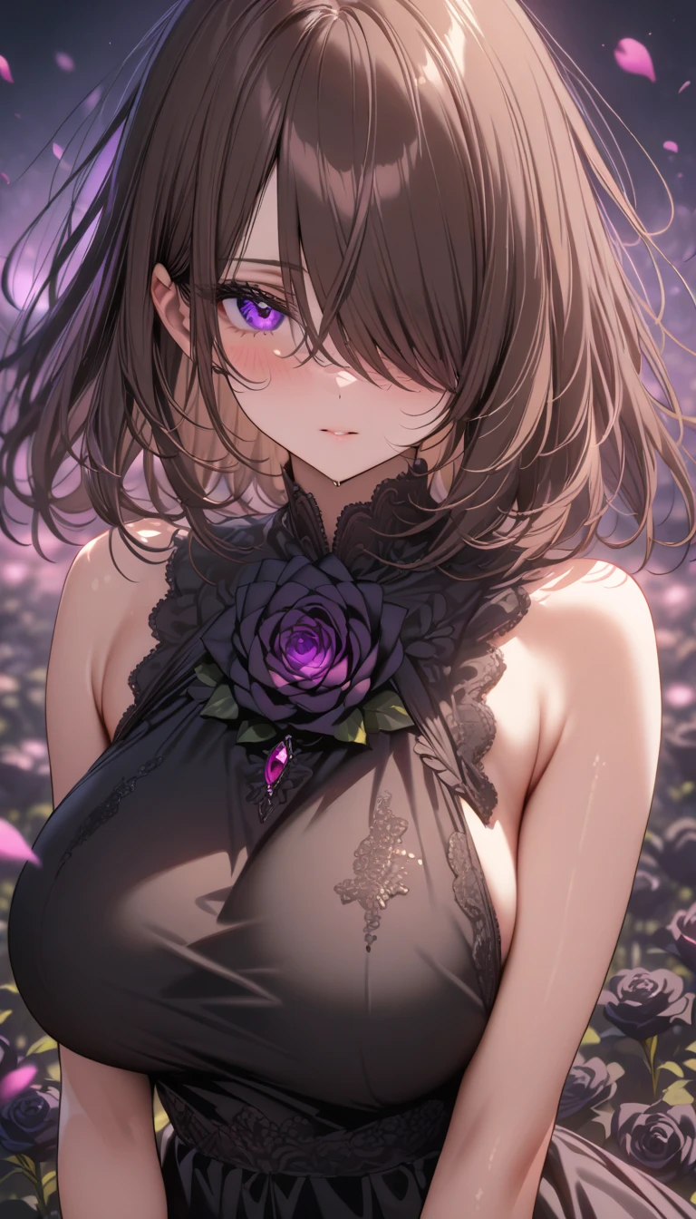 Kafka, purple hair, purple eyes, absurdres, highres, ultra detailed, ultra-detailed background, detailed background, extremly detailed, 1girl,bunch of flowers, (zentangle:1.2), (geometric:1.2), black and white color palette, monochromatic, big breasts, cleavage, sideboob, lingerie, realistic depiction, (arms behind back), 