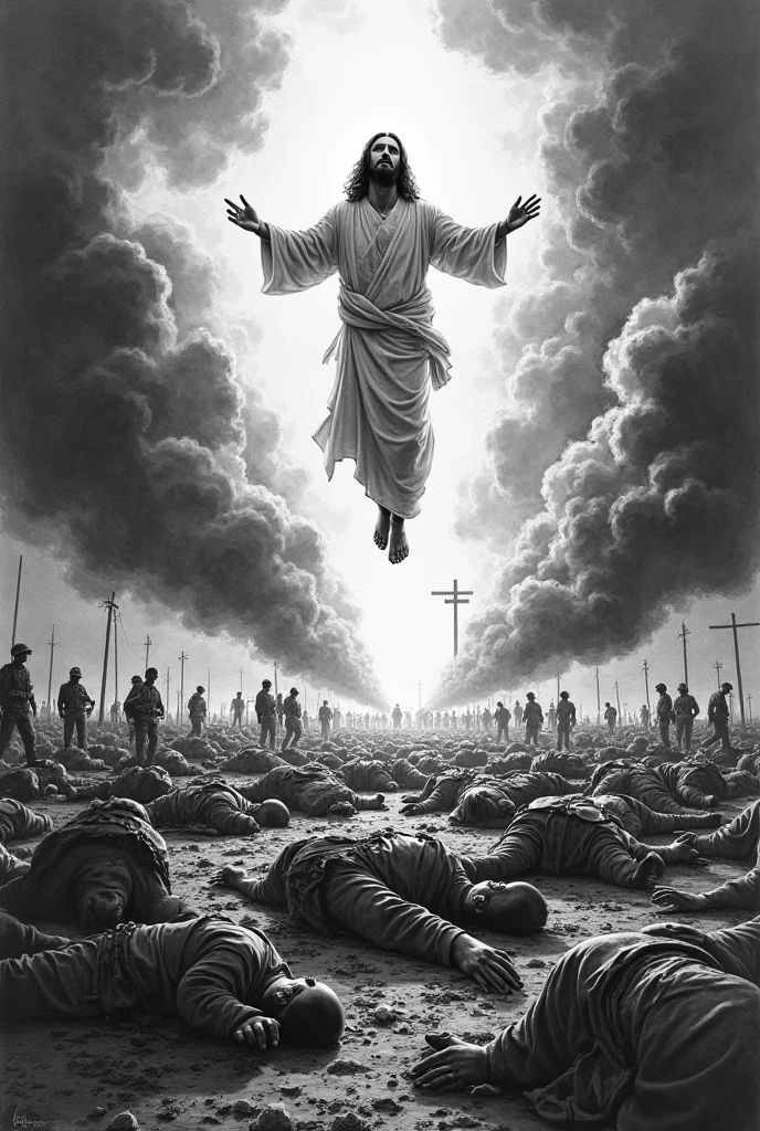 A beautiful Virgin Mary gently watches over the fallen soldiers.