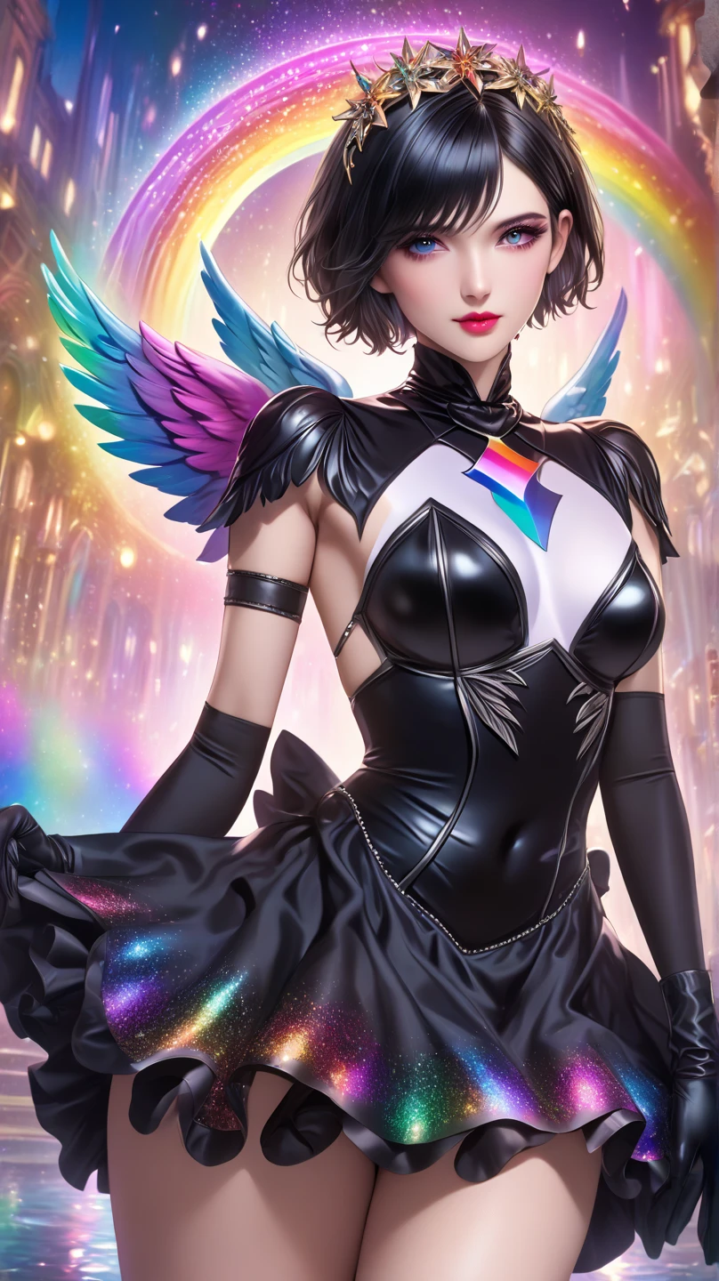 (Masterpiece, Top Quality, Best Quality, Official Art, Beautiful and Aesthetic: 1.2), (1 Girl: 1.3), Very Detailed, (Fractal Art: 1.2), Colorful, Best Detailed, (Zentangle: 1.2), (Dynamic Pose), (Abstract Background: 1.5), (Tedional Dress: 1.2), (Shiny Skin), (Many Colors: 1.4), Upper Body (Colorful Hair), (( Angel Wings)), ((String Micro Bikini Armor)), (Chiffon Translucent Colorful Underwear: 1.4)), Short Hair, (Dreadlocks (Mega Hair)), Pixie Cut, Gauntlet, Gloves, Shoulder Armor, Black Gloves, ((Wings of Angels))