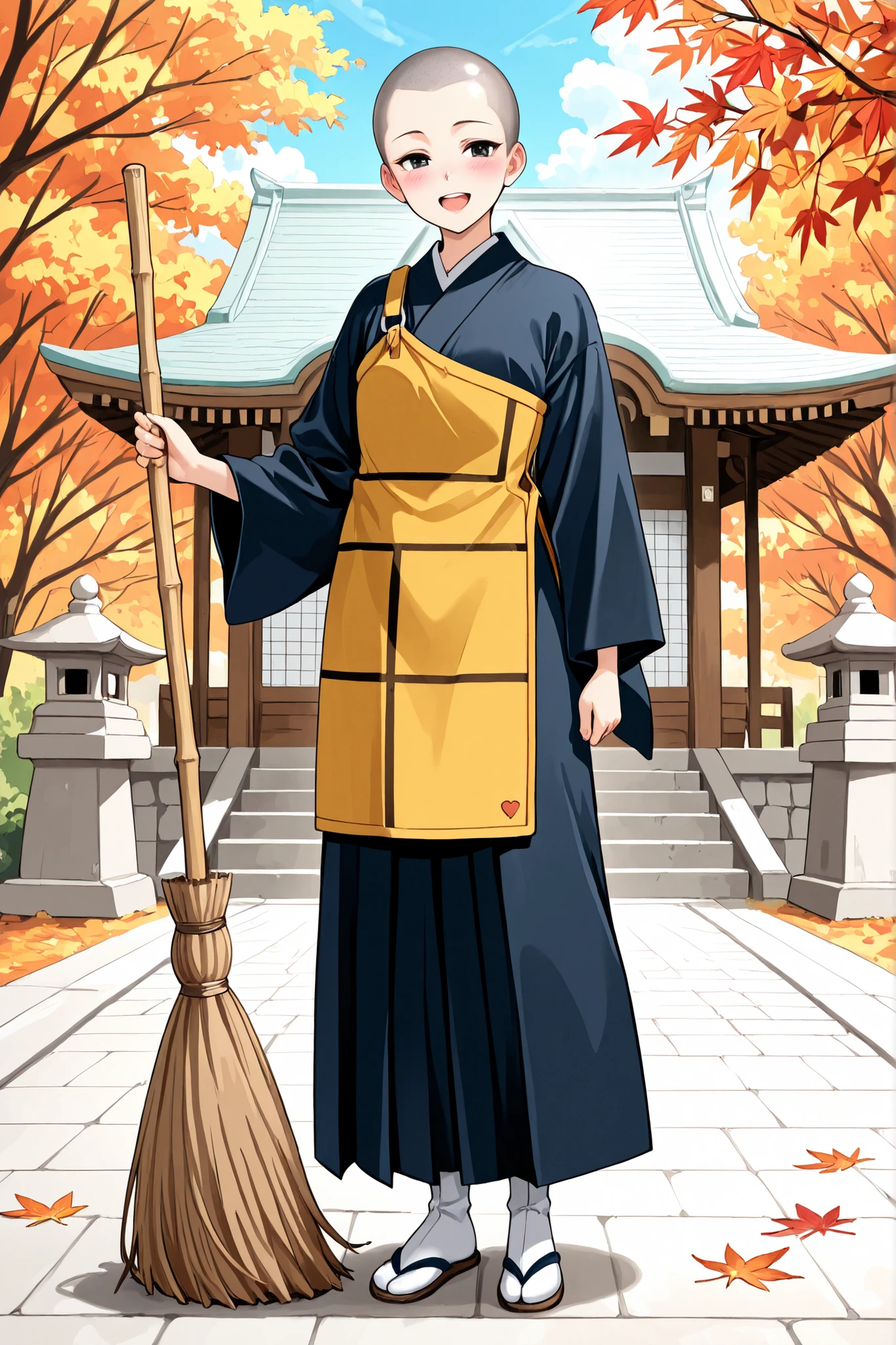 1 girl, beautiful girl,adult,18 years old,black eyes,skinny,masterpiece,general,highres, ultra-detailed,very aesthetic,best quality ,best hands,best eyes,perfect anatomy,anime coloring,easynegative,anime style,white skin,japanese nun,buddhist Nun,shaved head,kesa,japanese clothes,tabi,japanese temple,autumn leaves fall,standing,day,whole body,holding a broom,smile,blush,open mouth