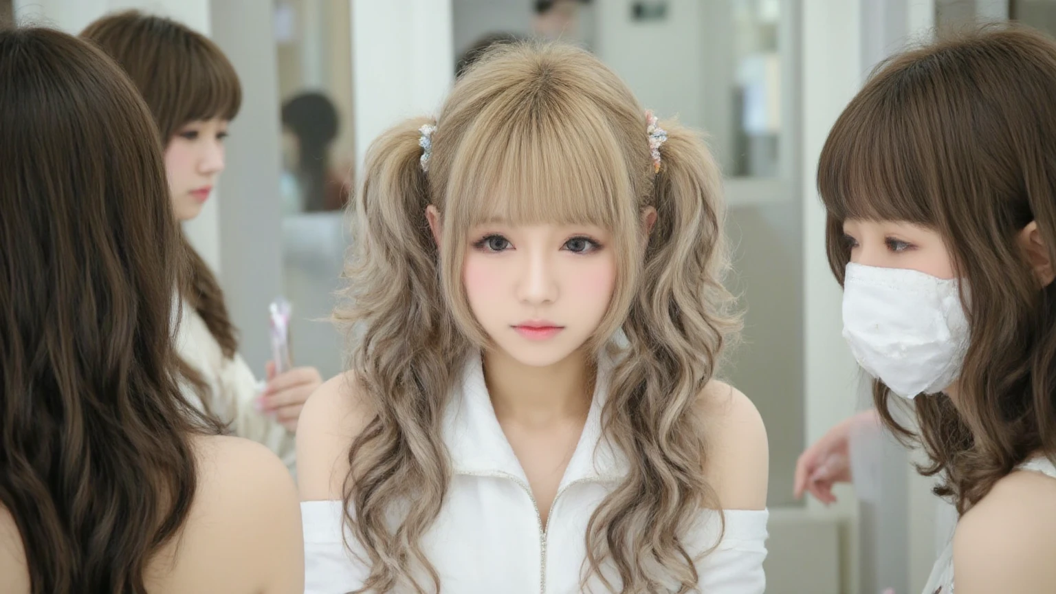 One person、11 years old、Full body photo,slender、woman、White drool coming out of the mouth、smile、、Blonde、Twin tails、 Fair skin, messy hair, super cute、Soft and Face、8K resolution、Surreal、Ultra high definition、 A-cup small breasts((Highest resolution、8K、masterpiece:1.3))、Ultra-fine face、Ultra Fine Lips、Beautiful Eyes、double eyelid,Pink wall、A sleeveless, collared green polo shirt、White Skirt、Thighs、thin,Thighsが見える、Shapely small breasts、sexy、So cute!
