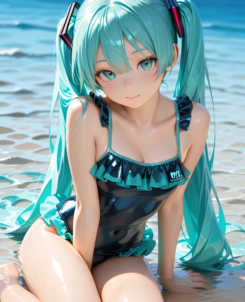 (1 girl), (Solo: 2.0), photorealistic, ultra-fine illustration, beautiful attractive anime girl, super detailed, smile, beautiful blue eyes, beautiful proportions, slender, gentle look, seductive anime girl, full body, long exposure, (white floral swimsuit: 3.0), (bikini with erotic design: 3.0)), (ultra-thin fabric swimsuit: 3.0), Outdoor pool, sitting by the pool, Hatsune Miku,