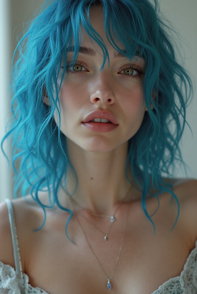 (Best quality, 8k, 32k, Masterpiece, UHD:1.2),Photo of Pretty 18 teen american woman, large breasts, very short bob hair,upper body,face focus,(oversized_sweater,:1.1) necklace, background, looking at viewer, leaning forward, (((blue hair with sliver bangs))), (((vibrant light blue eyes))) (((award winning detail)) ((avatar makeup and popstar clothes)))