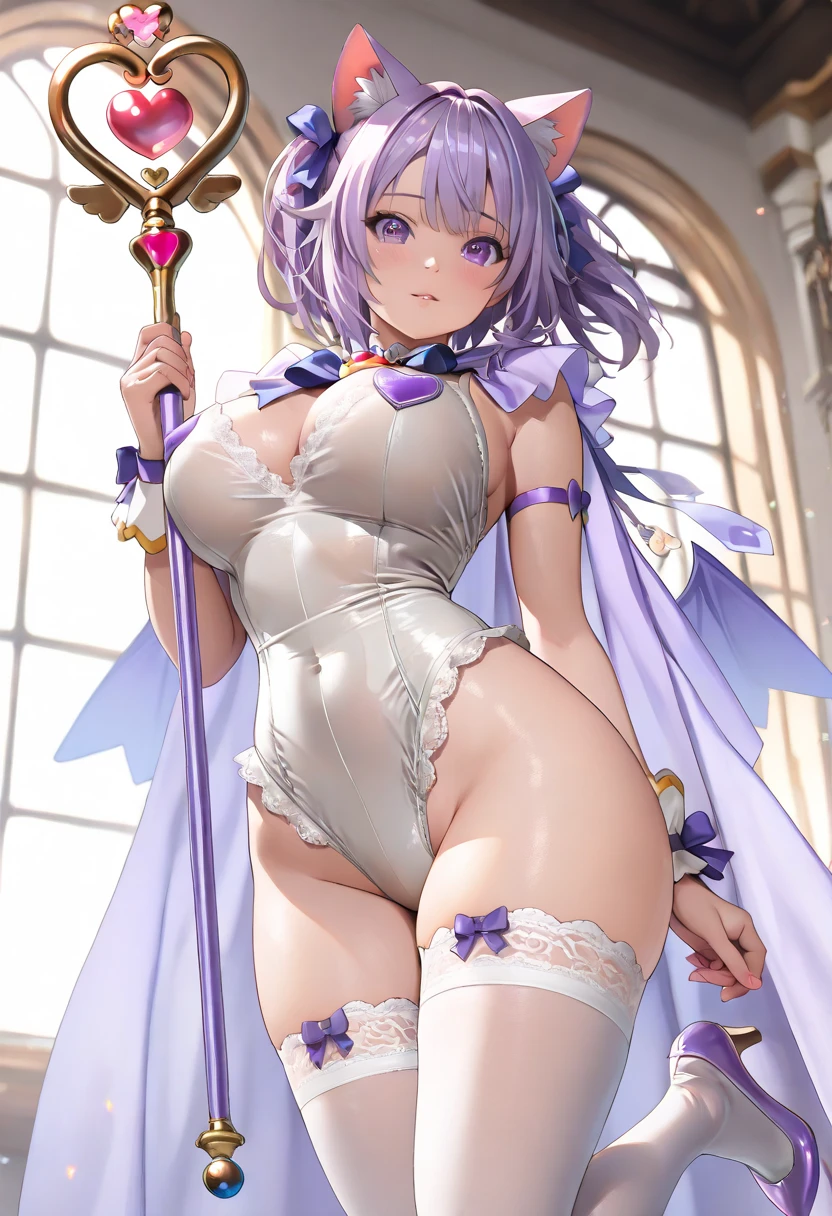 purple hair, rose eyes, short hair, naked, white background, smoll stature, chibi, flat cheast, flat tits, show pussy, naked, unclothed. medium thighs, bandaged legs, small breasts, pink areola, 1 girl, one girl, small stomach, curvy waist, round butt, small belly