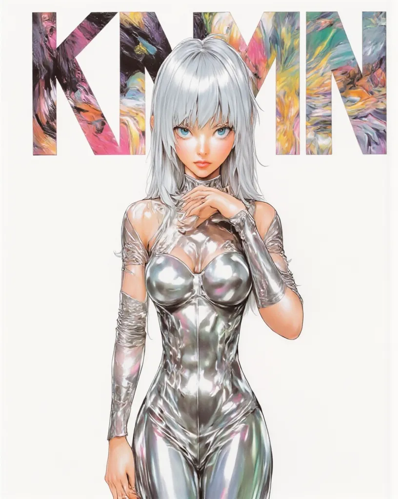 ((best qualityer)), (((clothes 100% silver))), (((slim))), (Muscles), (((silver suit))), ((Perfect masterpiece)), (detailded: 1.4), (absurdrez), (((long straight hair with modern cut))), (((full body fitness, neckline showing part of the breasts)), (((woman with long cropped hair, blushful))), 21 year old woman, beautiful sexy woman, giant robot pilot, wild with perfect corpo fitness, wearing small battle clothes, tiny thong, Simon Bisley styled for the cover of Heavy Metal magazine, clothing with Japanese graphic patterns, halftone pattern and vertical seams, Silver, exiting the body of a giant robot