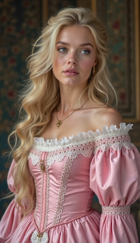 White Blonde hair, fluffy hair, stylish hair, long hair, lilac eyes, perfect eyes, beautiful, perfect face, tween, , short, kind, curvy, a flowing pale airy gown with ruffles along the bottom with tiny pink flowers and gold dragon embroideries with flowers, Her tiara had a pretty teal gemstones, silver necklace, noble class, royal, royalty, red castle, feasting hall, medieval, elegant surroundings, soft dewy makeup look, light peach blush, soft tan eyeshadow, light coral lipstick, cutesy, girlish, girly, guileless, ingénue, princess , whimsical lighting, Targaryen, dragons in the sky, photorealistic
