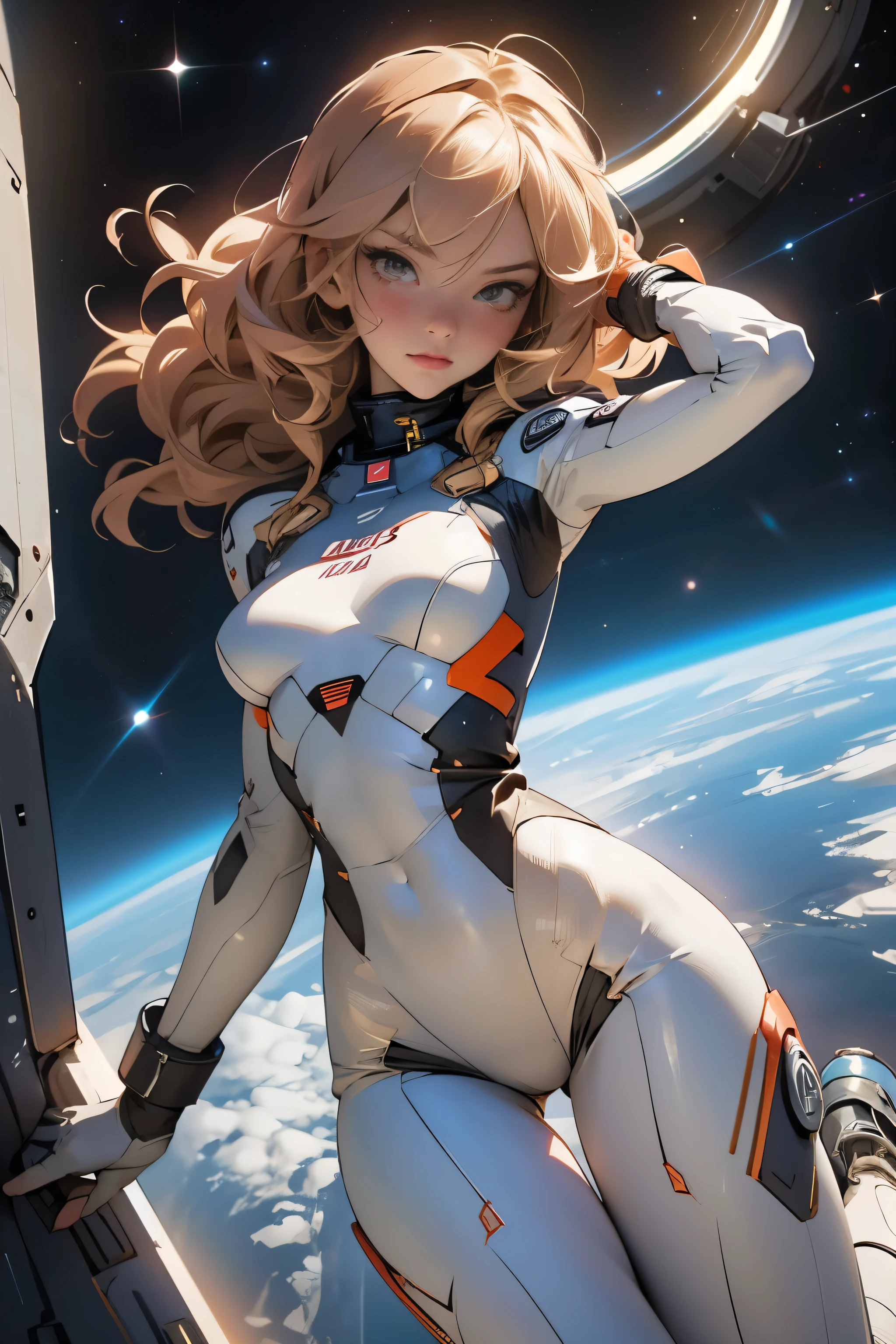 sandy hair fit body large breasts slender thighs slender waist pilot suit solo looking at viewer in space long hair blushing determination, 8k, extreme detail,