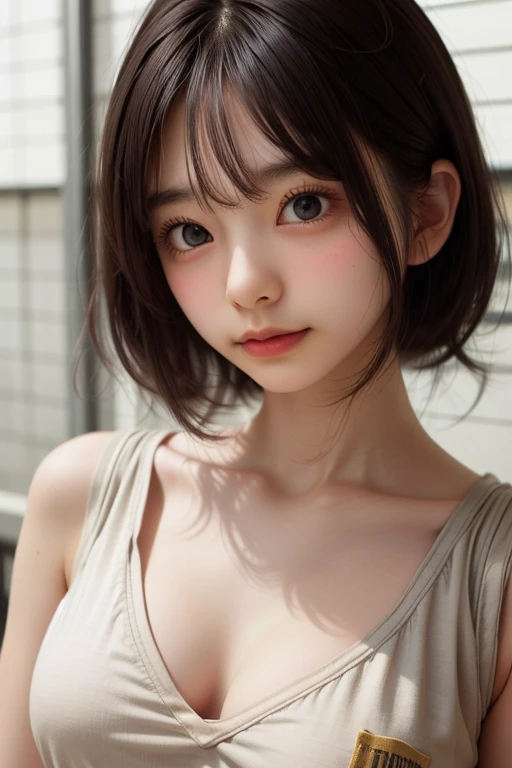 (1 nogizaka girl,15years old face,raw photo,photo realistic:1.5),(best quality, high quality,HDR, highest quality,ultra high resolution,high resolution,high res,ultra high difinition,huge file size,8K,2K wallpaper,8K wallpaper,high quality texture,amazing,an extremely delicate:1.4),one girl, Japanese famous idol,cute face,small face,absurd,ridiculous,incredibly ridiculous,blurry background,(goddess costume,short hair,cleavage,erect nipples,no makeup:1.2),medium skin,beautiful skin,detailed skin,black hair,silky hair,black eyes,Japanese nose,5-fingers,(Light Particles, Lens Flare, Luminous Particles: 0.7),looking at viewer,bright lighting,professional lighting,girl