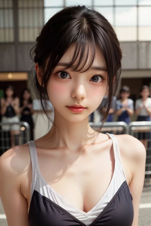 (1 nogizaka girl,raw photo,photo realistic:1.5),(best quality, high quality,HDR, highest quality,ultra high resolution,high resolution,high res,ultra high difinition,huge file size,8K,2K wallpaper,8K wallpaper,high quality texture,amazing,an extremely delicate:1.4),one girl, Japanese famous idol,beautiful face,small face,absurd,ridiculous,incredibly ridiculous,portrait,breasts close up,blurry background,(gym uniform,cleavage,no makeup:1.2),medium skin,beautiful skin,detailed skin,small head,black hair,silky hair,(Japanese eyes,kamaboko eyes:1.5),detailed eyes,black eyes,Japanese idol eyes,Japanese nose,5-fingers,(eyebrow:-0.5),(Light Particles, Lens Flare, Luminous Particles: 0.7),looking at viewer,bright lighting,professional lighting,girl