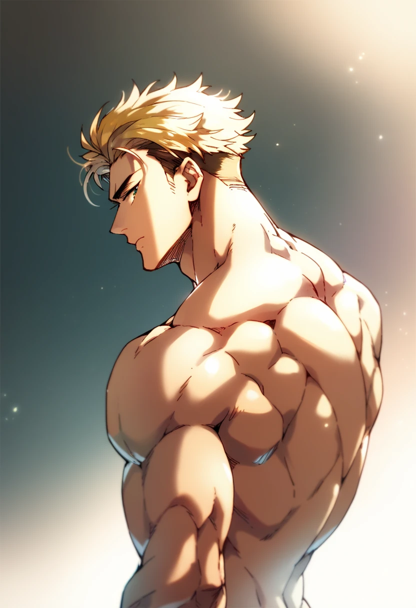 hands behind head, masterpiece, best quality red eyes, game cg, 1boy naked and V-Line sweating, solo, male focus, (looking at viewer), upper body sweating, bakugo katsuki, yellow hair, red eyes, shirtless naked, toned muscle sweating, pectorals, 8 abs, toned legs, naked legs, slightly bulged,  detailed, dynamic lighting, well lit, naked body, explosionmagic in the air, glowing aura in the background
