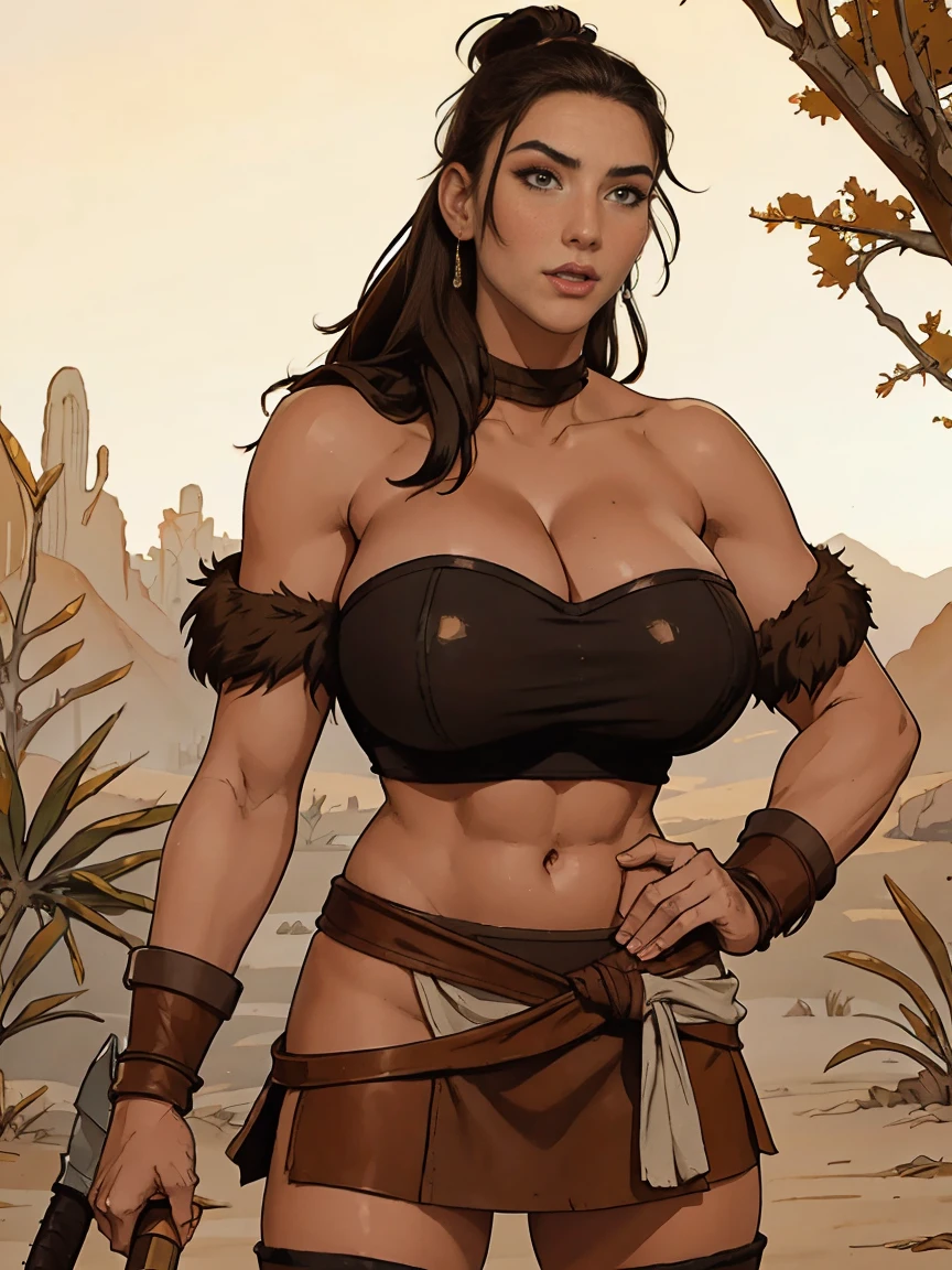 buff brunette barbarian queen, fur bikini, leather, jungle, gigantic breasts, cleavage, loincloth