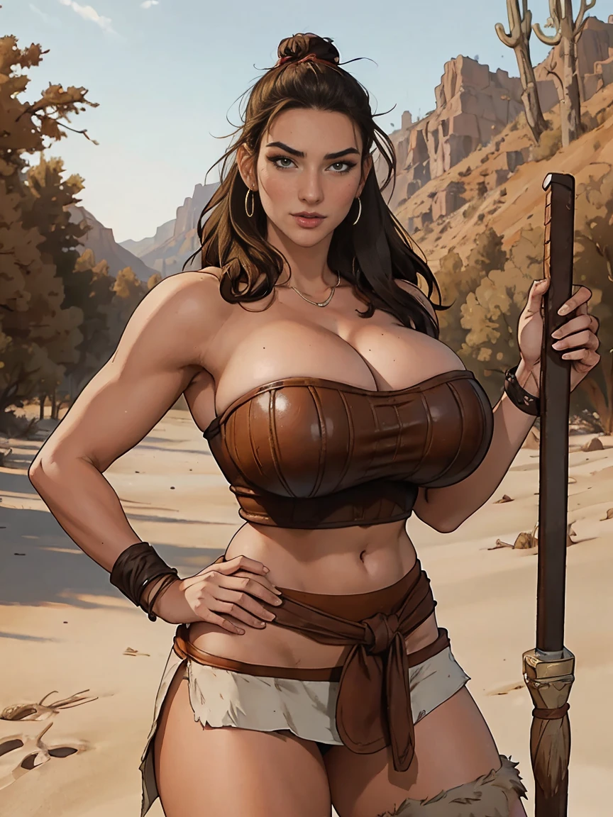 portrait photograph of Lauren Cohan as a apache, young beautiful native american woman, perfect symmetrical face, perfect body, sagging breasts, naked breasts, dark brown nipples, indigenes feather jewelry, traditional handmade dress, armed female hunter warrior, (((wild west))) environment, Utah landscape, ultra realistic, concept art, elegant, ((intricate)), ((highly detailed)), depth of field, ((professionally color graded)), soft ambient lighting, dusk, 8k,