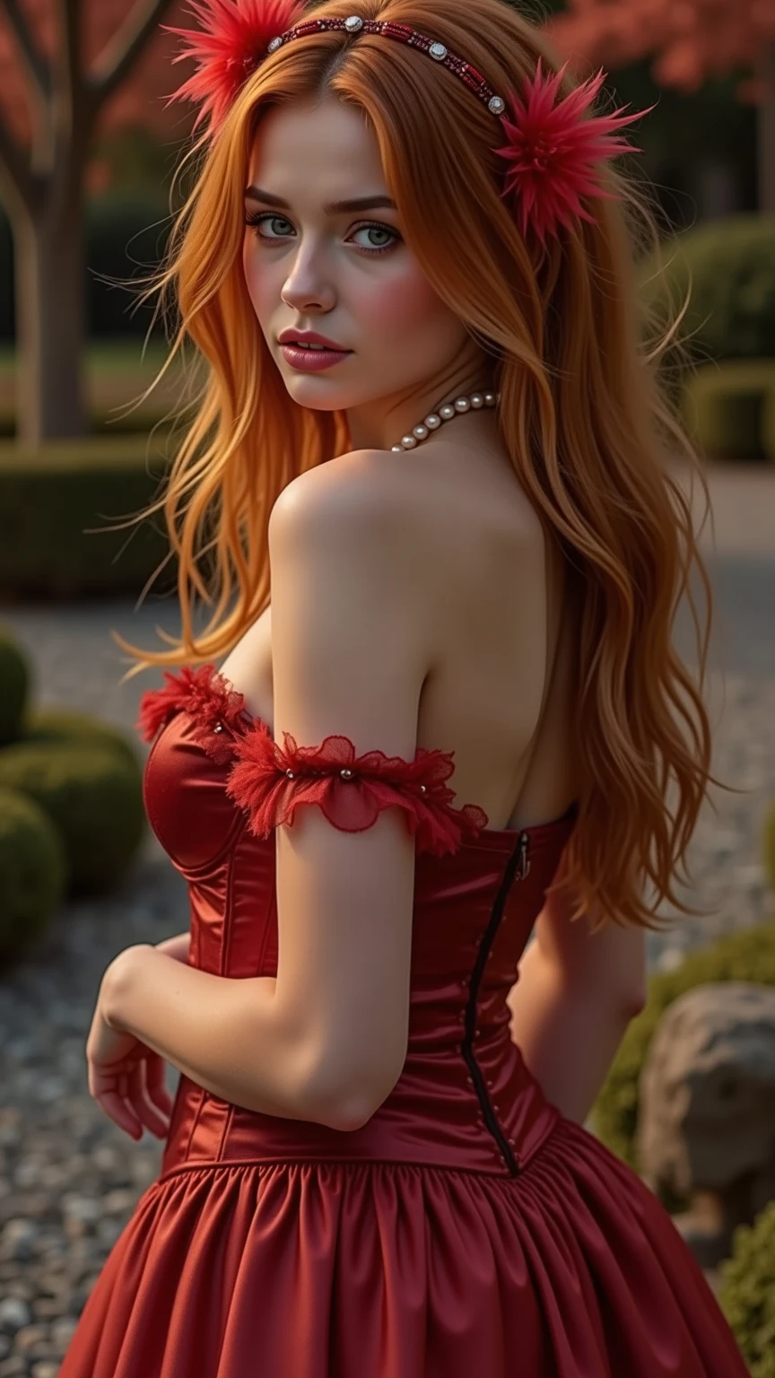 low angle photo of a gorgeous, 38 year old woman, blue eyes, milf, healthy skinny,short, clean skin texture, small, big lips, little noose, sexy, wearing, red lace dress and black corset, (red long hair in ponytail), redhead, red hair,

insanely detailed eyes, little boops, tiny boops, small tits, small perky breasts(perky breasts), perky, skinny, 
2/3 body crop, 8 mm art lens, f 1. 1, sharp focus, 8 k high definition, insanely detailed, photorealistic, 

big shoulder, little neck, long lash, full lips, big lower lip, pink lips, firm breast, firm pushup, push up, firm chest, posing outside in the sunset.