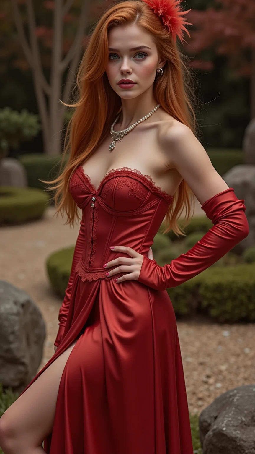 ((masterpiece, photorealistic:1.4, extremely intricate:1.3, photon mapping, radiosity, physically based rendering, ultra resolution, hyper-realistic, photorealistic:1.4, hyper-realistic, 8K)), ((solo 1girl, athletic female aloof, arrogant, long straight, windy (((solo teenage supermodel, 1girl, [bright red hair:bright ginger hair:0.7], ([huge breasts:gigantic breasts:0.8], red silk evening gown, off shoulder, plunging neckline)), makeup:1.2, red lips, ruby necklace)))), ((((dark background, empty room, night, shadow, blank background)))), professional photograph, sharp focus, dramatic, award winning, cinematic lighting, volumetrics (film grain, blurry background, blurry foreground, bokeh, depth of field), BREAK, (([clear eyes:blue eyes:0.4]))
