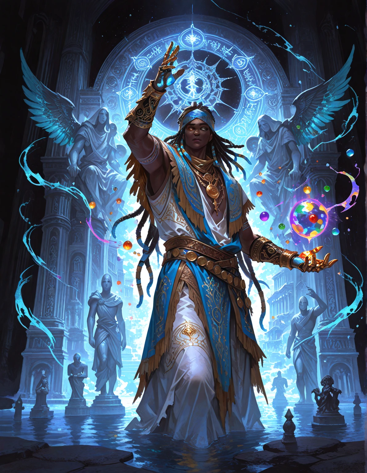 mulato black male god of magic conjuring a spell , half body, five fingers hand, fairy lights, comics, full color, 3/4 view, fantasy, highly detailed, intricate, 8k, illustrated by moebius and artgerm, high-quality --auto