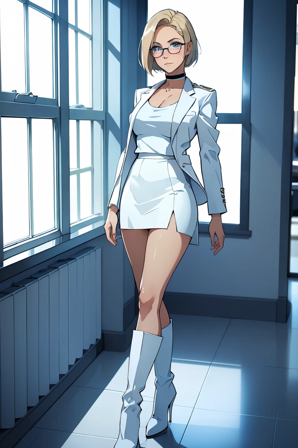 female, short straight blonde hair, blue eyes, white suit jacket, white skirt, long white high heel boots, black choker, no t shirt, medium boobs, glasses, blushing, in front of a window