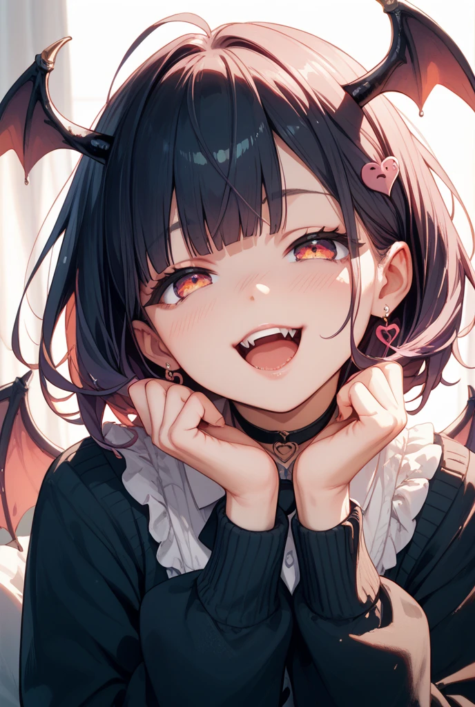 Sit on the sofa,looking ahead,from above,???????,side view,face focus,open mouth,tongue out,??? on tongue,lick,(1girl,Beautiful 14 year old girl),((Slender,Small breasts,Baby Face,Small face,)),looking at viewer,Black Hair,bangs,two side up,Gray Eyes,Drooping eyes,slit pupils,narrow eyes,collarbone,black t-shirt,off-shoulder look,Black and red checkered short skirt,Beautiful and detailed anime art,Mischievous smile,Dimly lit room,Simple Background,Gray background,Low lighting
