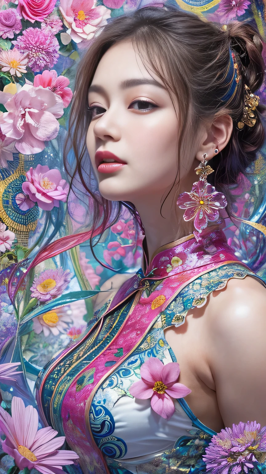 (masterpiece, top quality, best quality, official art, beautiful and aesthetic:1.2), (1girl:1.3), extremely detailed,(fractal art:1.1),(colorful:1.1)(flowers:1.3),highest detailed,(zentangle:1.2), (dynamic pose), (abstract background:1.3), (chinese Traditional cloth:1.2), (shiny skin), (many colors:1.4), ,(earrings:1.4),