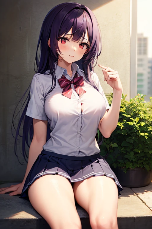 Masterpiece, Best Quality, Official Art, (Highly Detailed CG Unity 8k wallpaper), Detailed background, (Hands by Guido Daniele: 1.1), Feet out of frame, First Person POV, 1, Attractive and perfect beautiful woman, Schoolgirl, JK, schoolgirl uniform, spring, cherry, wind blowing, (((Show ass, butt sticks out, flipping skirt, panties visible, gaze from oblique down))), sitting, legs open, optimal ratio of four fingers to one thumb, (curvaceous), ( white thighs: 1.12), (blue long hair: 1.12), (ahoge: 1.13), (high ponytail: 1.12), (green eyes: 1.13), looking at the viewer, big, (cleavage), beautiful face, (blush: 1.11), (smile: 1.11)