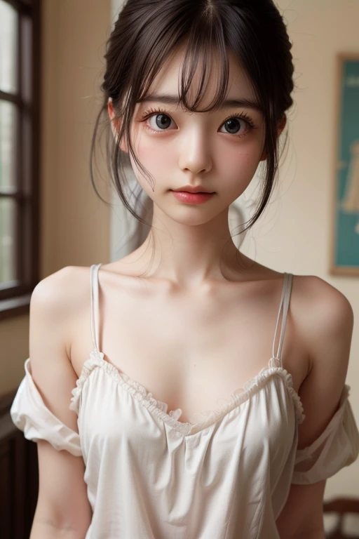 ASİAN, kimono with neckline, wearing white bra, photoshot, realisitic, 14歳, baby face, lace on bra, 120 cm