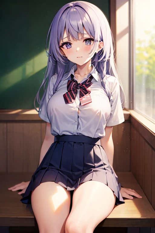 ((masterpiece, best quality)),best aesthetic,1girl, desk, sitting, school desk, (rainbow hair), detailed iris, sparkle eyes, star in eyes, enchanting purple eyes, (multicolored eyes), (shining dust), (heterochromia), (messy hair:1.3), (hair between eyes), (hair over one eye), (wavy hair:1.1), classroom, long hair, indoors, chair, looking at viewer, solo focus, green eyes, skirt, long sleeves, open legs, spread legs, wet, sweating, transparent shirt, (see through:1.3), (transparent clothes:1.3), black serafuku, croptop, undershirt, pleated skirt, upskirt, underskirt, sailor collar, bangs, headrest, school chair