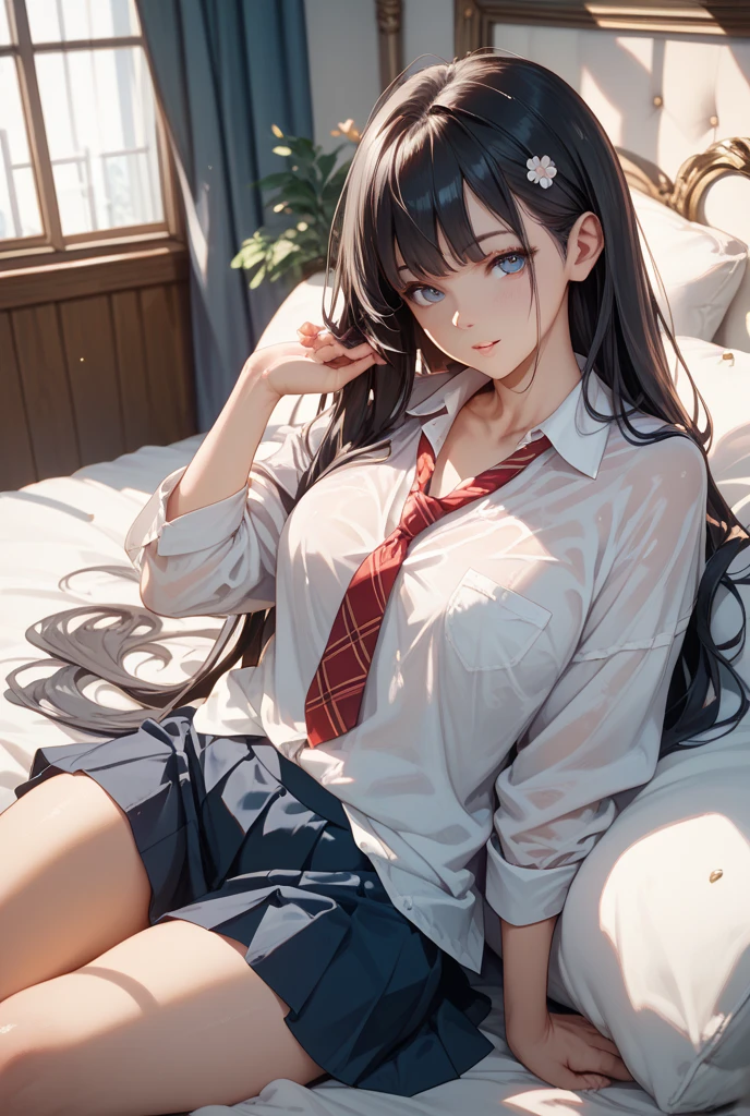 ((masterpiece,Highest quality:1.3,best quality illustration,realistic:1.3)),cowboy shot,独奏,1woman,(20-year-old、Japanese Beauty)、brown hair,long hair,(center parted bangs),brown eyes,gorgeous eyes,((very small head:1.3)),shy,Heavy breathing,((very long body:1.2,skinny)),medium breasts,(tan skin:1.3),(Red ribbon tie、White collared shirt、Long sleeve、Red panties),gleaming skin,toned body,slender body、Wet crotch、sweat,sitting,Simple bed、Simple bedroom、Tokyo、